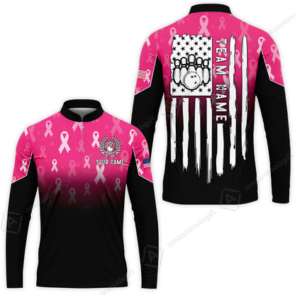 Custom Bowling Jersey Polo Shirt, Ribbon Breast Cancer Awareness Flag, Custom Bowling Jersey Team Shirt For Players With Name and Team Name