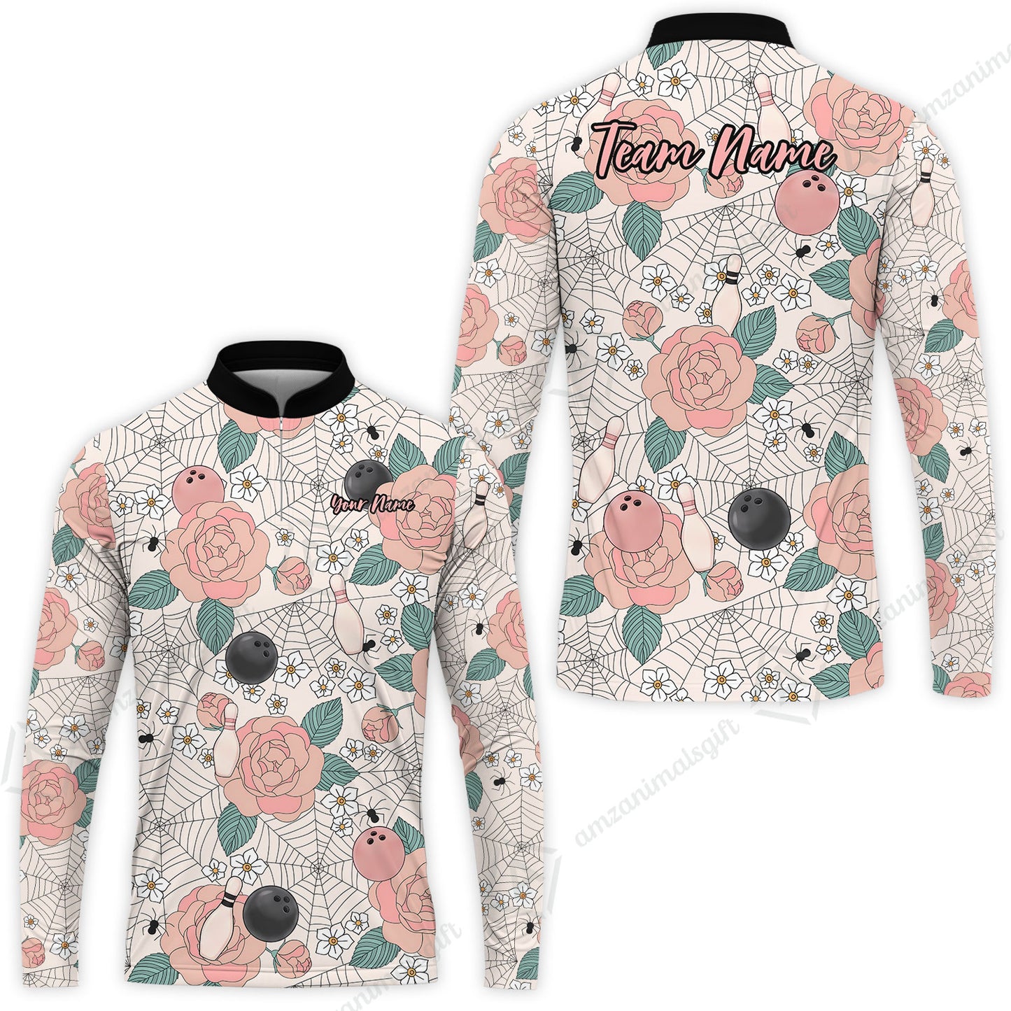 Custom Bowling Jersey Polo Shirt, Spider Flower Pattern Bowling, Personalized Name And Team Name