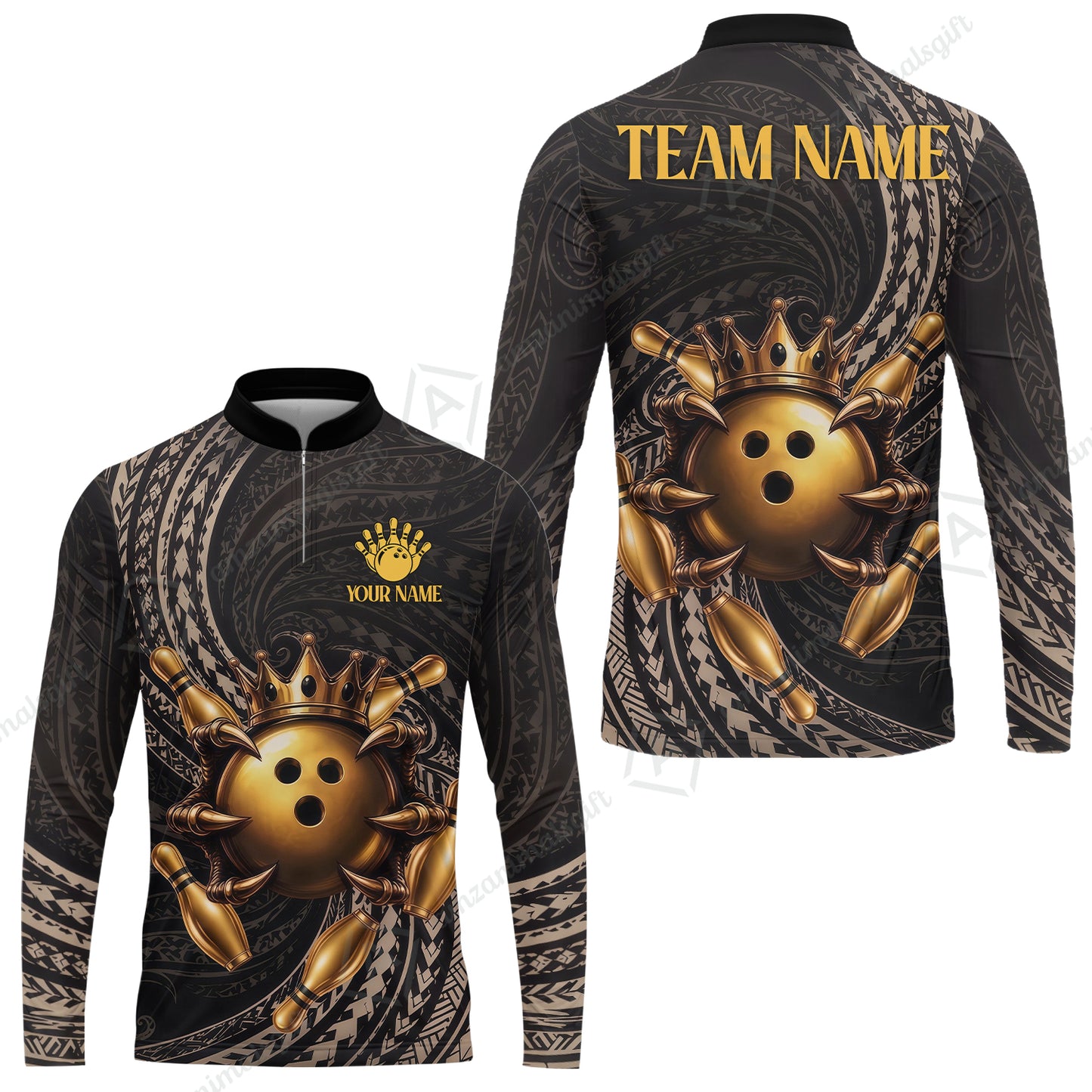Custom Bowling Jersey Polo Shirt, Maori Tattoo Bowling Crown Gold Color, Custom Bowling Jersey Team Shirt For Players With Name and Team Name