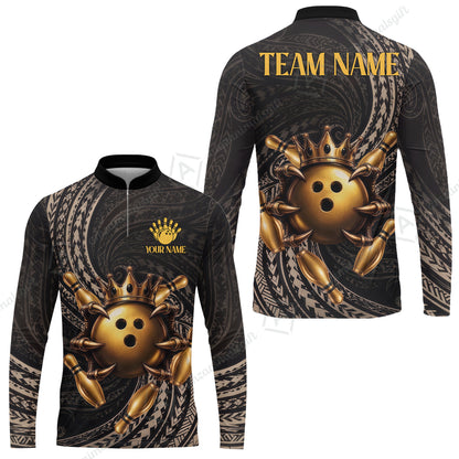 Custom Bowling Jersey Polo Shirt, Maori Tattoo Bowling Crown Gold Color, Custom Bowling Jersey Team Shirt For Players With Name and Team Name