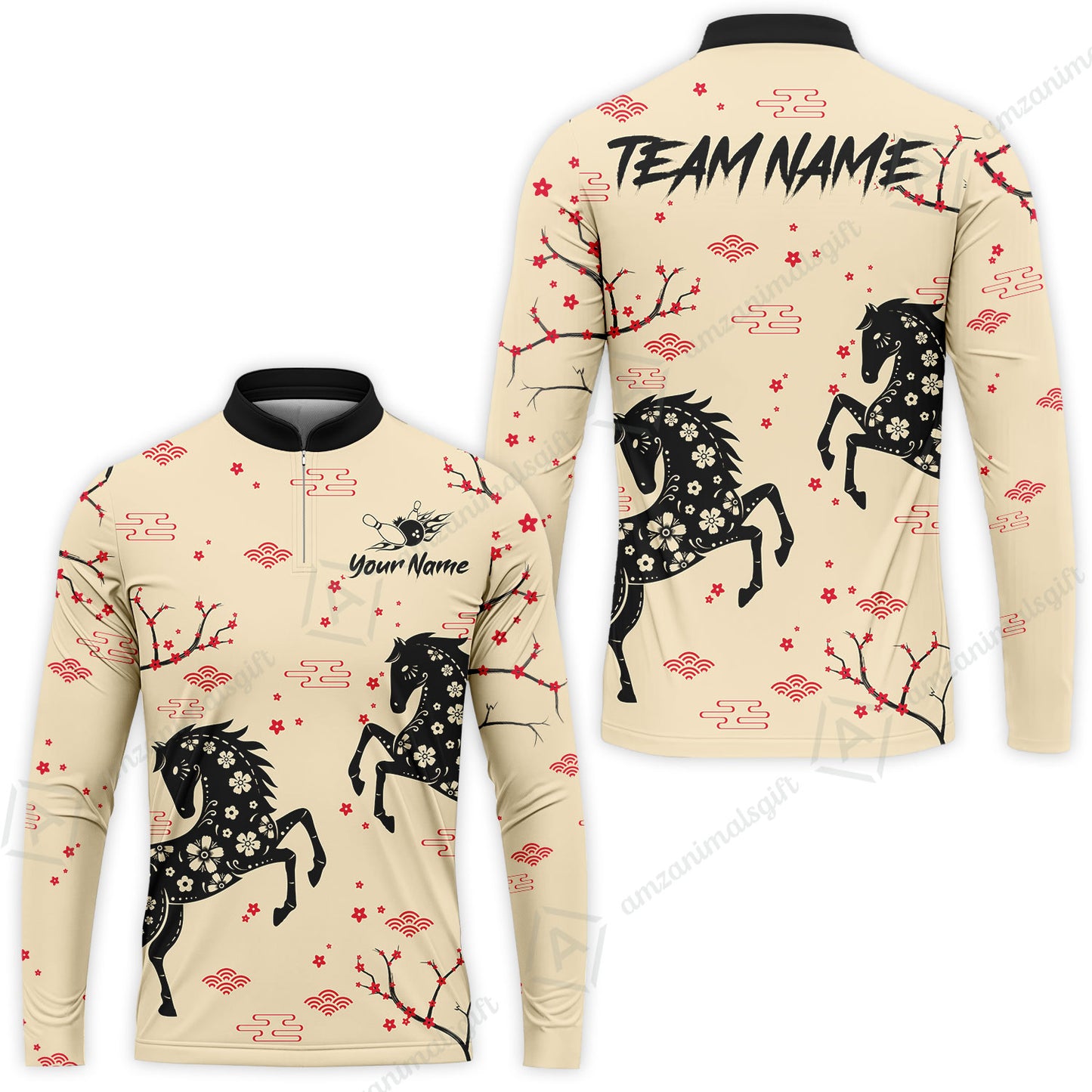 Customized Bowling Unisex Polo Shirt, Floral Pattern Horse Cherry Blossom, Bowling Uniform - Personalized Name Team Name