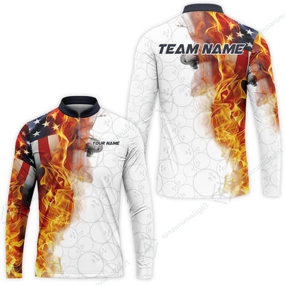 Custom Bowling Jersey Polo Shirt, Flaming USA Flag Graphic Bowling, Custom Bowling Jersey Team Shirt For Players With Name & Team Name