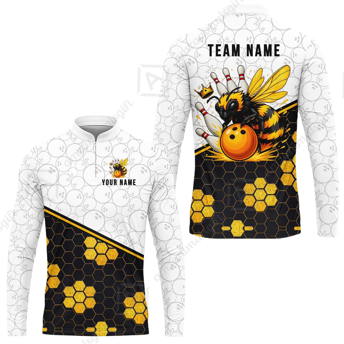 Custom Bowling Jersey Polo Shirt, Elite Golden Honeycomb Bee, Custom Bowling Jersey Team Shirt For Players With Name and Team Name