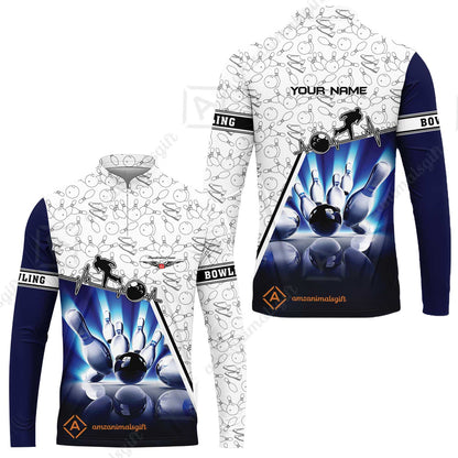 Customized Name Bowling Polo Shirt, Personalized Unique Design Blue Heartbeat Bowling Polo Shirt