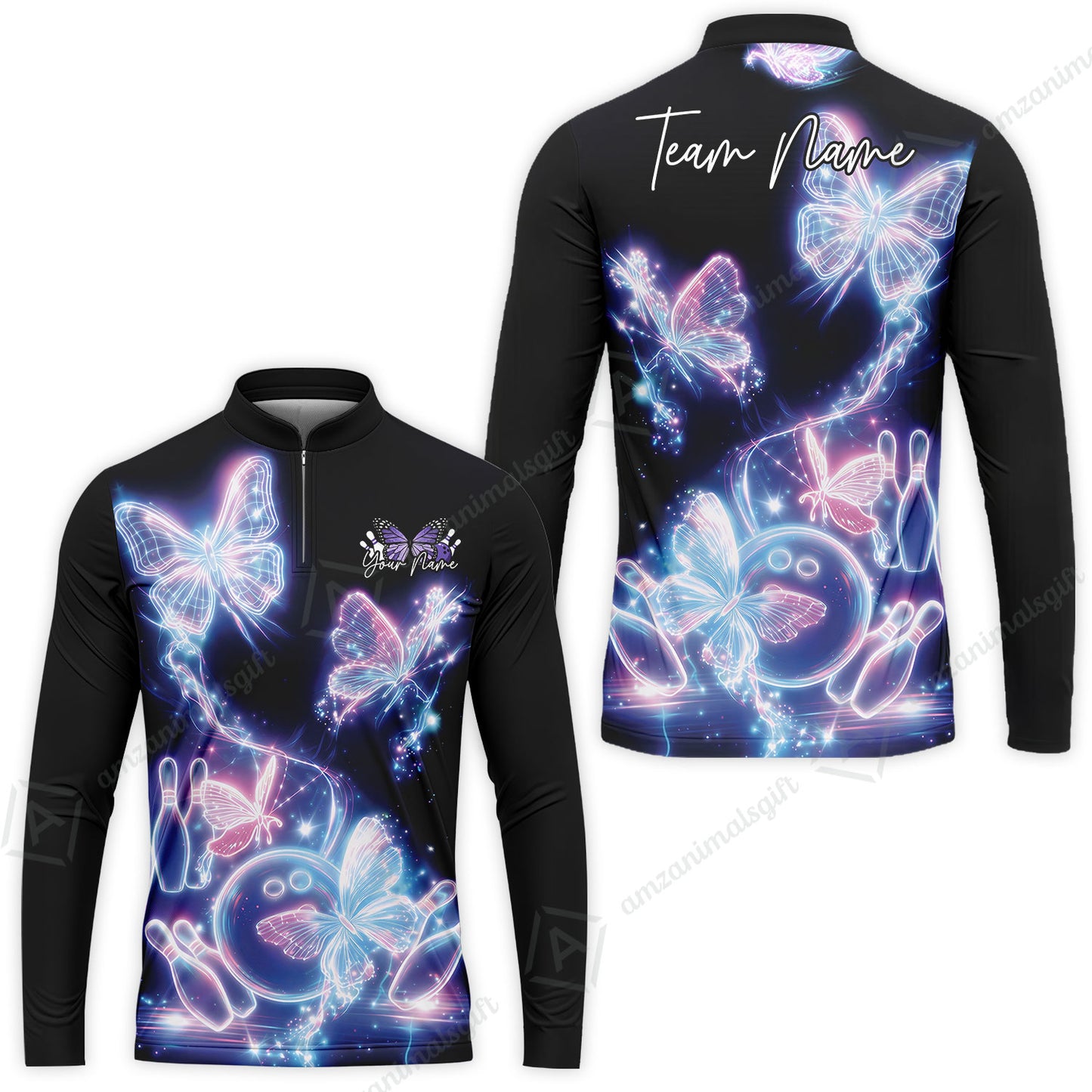 Custom Bowling Jersey Polo Shirt, Neon Electric Radiant Butterfly Glow, Custom Bowling Jersey Team Shirt For Players With Name & Team Name