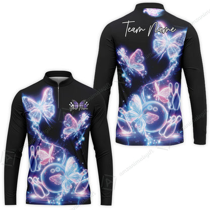 Custom Bowling Jersey Polo Shirt, Neon Electric Radiant Butterfly Glow, Custom Bowling Jersey Team Shirt For Players With Name & Team Name