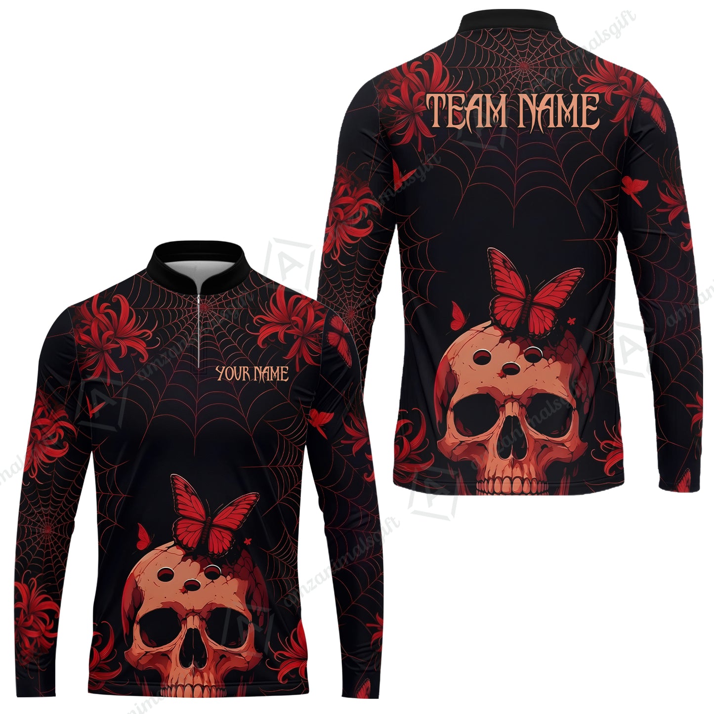 Customized Bowling Shirt, Bowling Skull Butterfly Spider Grid, Personalized Polo Shirt For Players With Name & Team Name