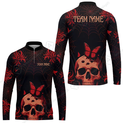 Customized Bowling Shirt, Bowling Skull Butterfly Spider Grid, Personalized Polo Shirt For Players With Name & Team Name
