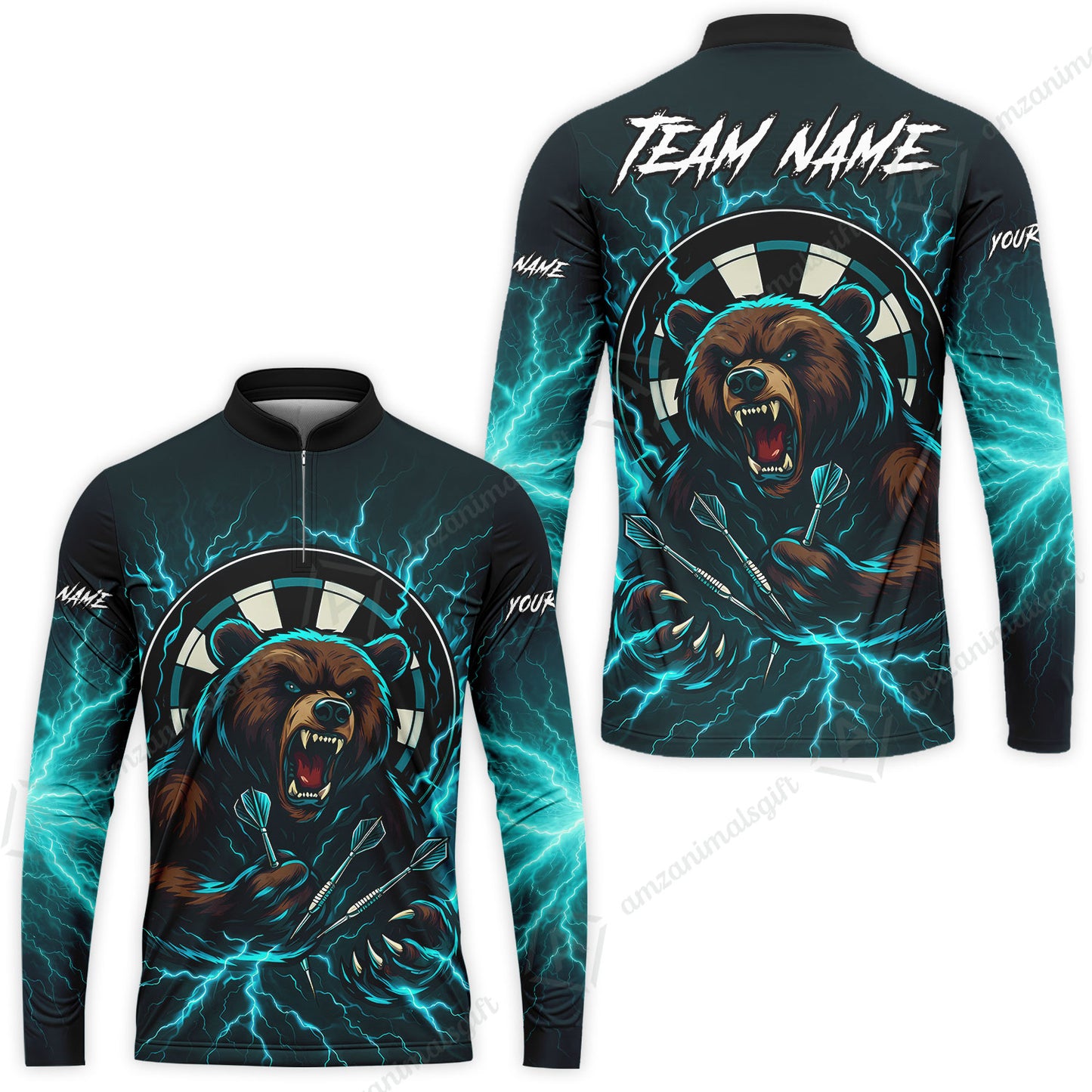 Custom Darts Team Long Sleeve Polo Shirt, Personalized Bear Thunder Lightning Darts Shirt with Name & Team Name