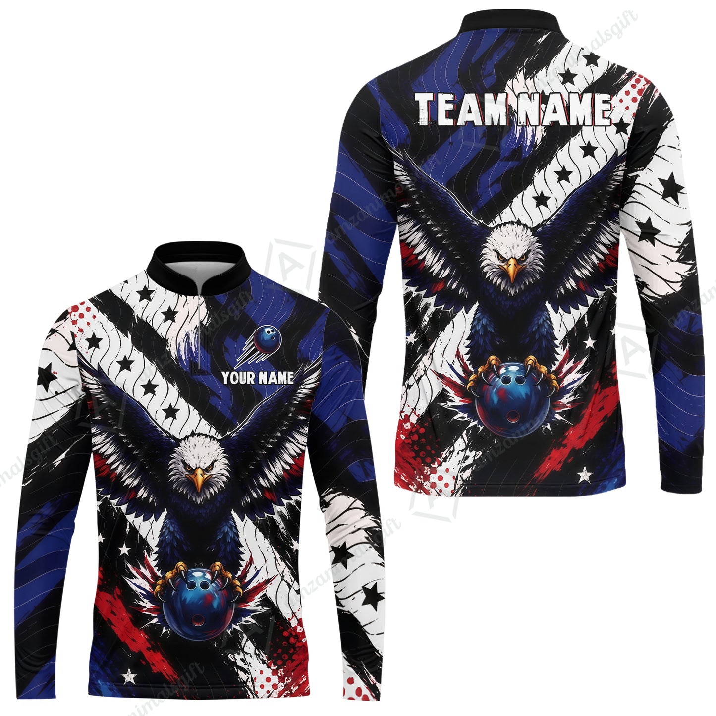 Custom Bowling Jersey Polo Shirt, American Flag And Eagle Hold Bowling Ball, Personalize Name and Team Name