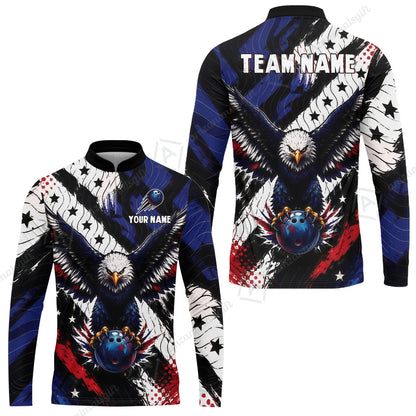 Custom Bowling Jersey Polo Shirt, American Flag And Eagle Hold Bowling Ball, Personalize Name and Team Name