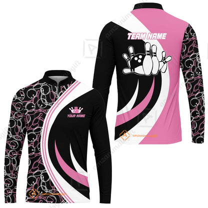 Custom Team Name Black Pink Bowling Team Jersey - Bowling uniforms  Seamless Pattern Bowling Zip Polo Shirts - Uniform Shirt For Bowlers