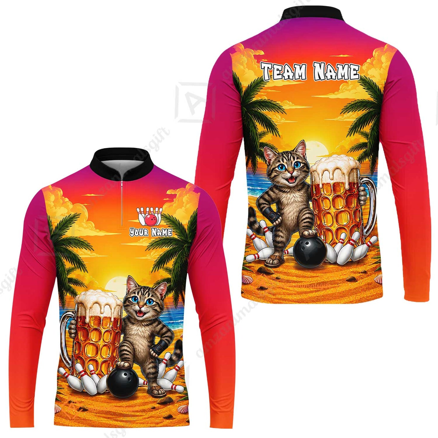 Custom Bowling Jersey Polo Shirt, Beer & Bowling Cat, Custom Bowling Jersey Team Shirt For Players With Name and Team Name