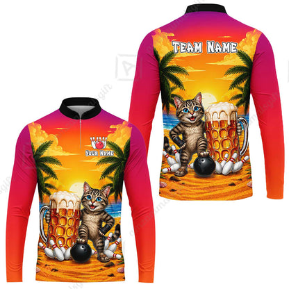 Custom Bowling Jersey Polo Shirt, Beer & Bowling Cat, Custom Bowling Jersey Team Shirt For Players With Name and Team Name