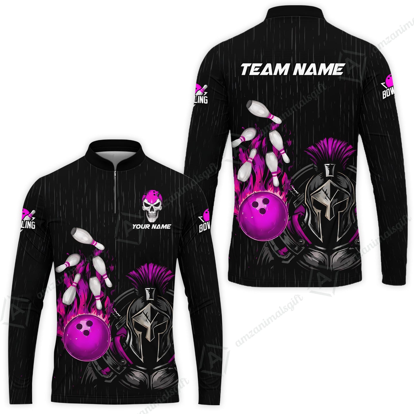 Custom Bowling Jersey Polo Shirt, Fire Bowling Knight Rain Skull Logo, Personalize Name & Team Name