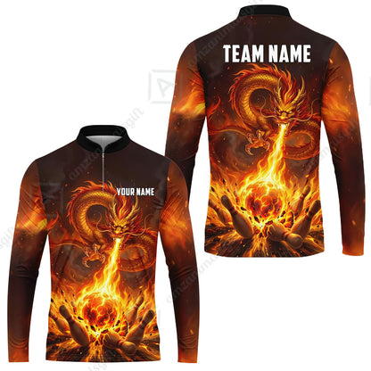 Custom Bowling Jersey Polo Shirt, Asian Dragon's Fire Strike, Custom Bowling Jersey Team Shirt For Players With Name & Team Name