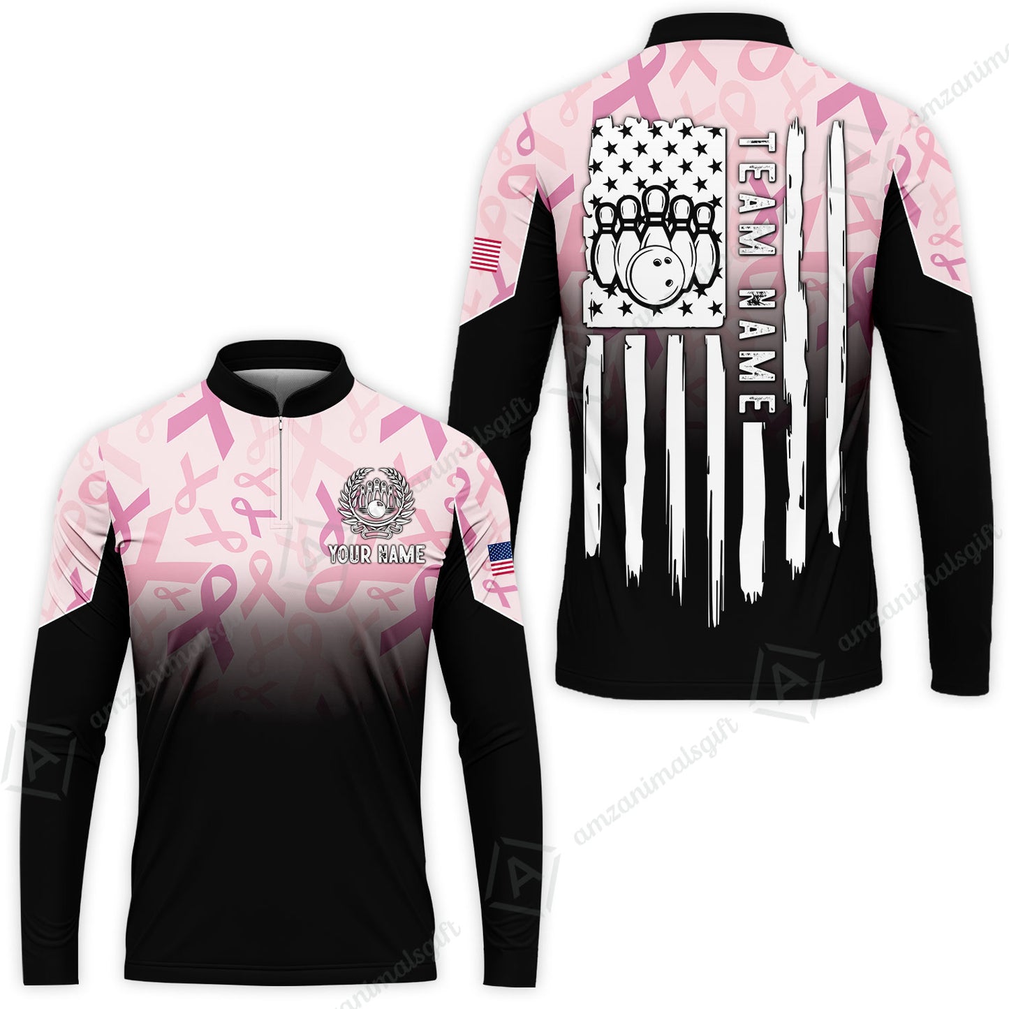 Custom Bowling Jersey Polo Shirt, Ribbon Breast Cancer Awareness Flag, Custom Bowling Jersey Team Shirt For Players With Name and Team Name
