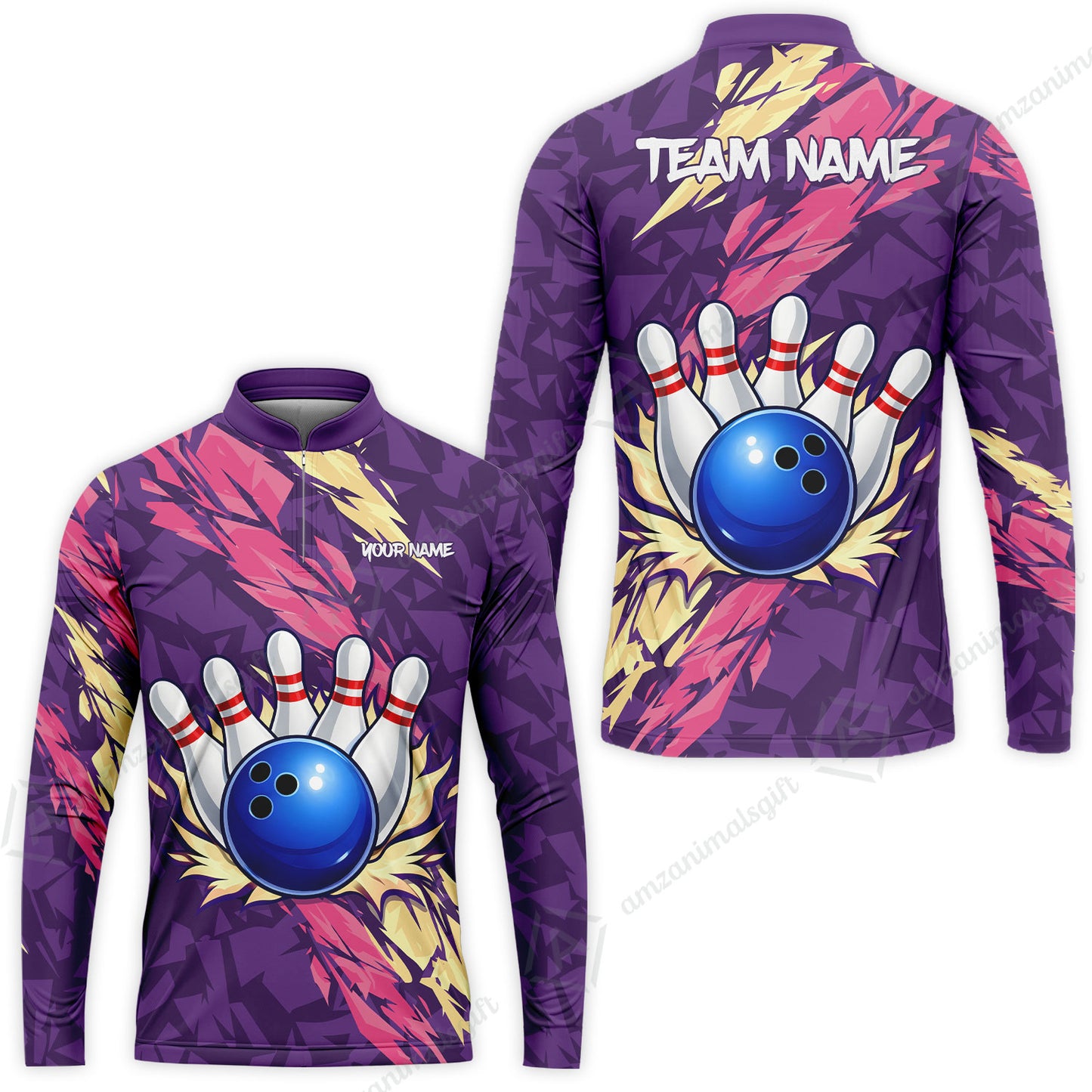 Custom Bowling Team Unisex Polo Shirt, Ion Max Bowling Ball Purple Fire Strike Design for Bowlers