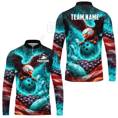 Custom Bowling Jersey Polo Shirt, Patriotic Blue Fire Eagle, Custom Bowling Jersey Team Shirt For Players With Name and Team Name