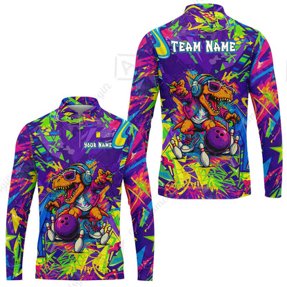Custom Bowling Jersey Polo Shirt, Vibrant Neon Graffiti DJ T-Rex, Custom Bowling Jersey Team Shirt For Players With Name and Team Name