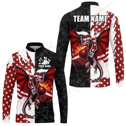 Custom Bowling Jersey Polo Shirt, Patriotic Fire Dragon Split Contrast, Custom Bowling Jersey Team Shirt For Players With Name and Team Name