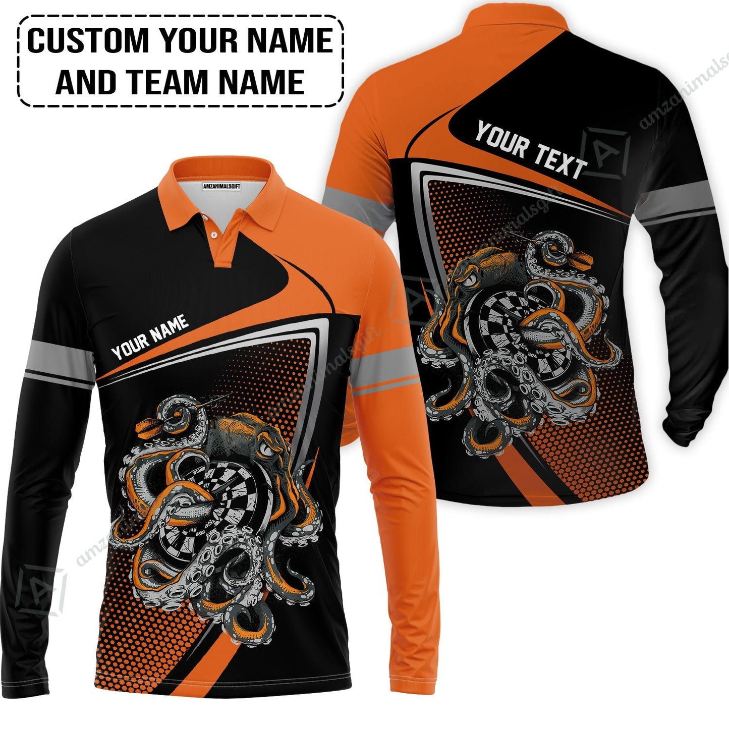 Customized Name & Text Darts Zip Polo Shirt, Personalized Darts And Octopus Zip Polo Shirt