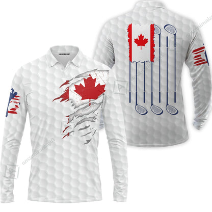 Golf Canada Flag Zip Polo Shirt, Red Maple Leaf Golfing Shirt, Canadian Golf Zip Polo Shirt