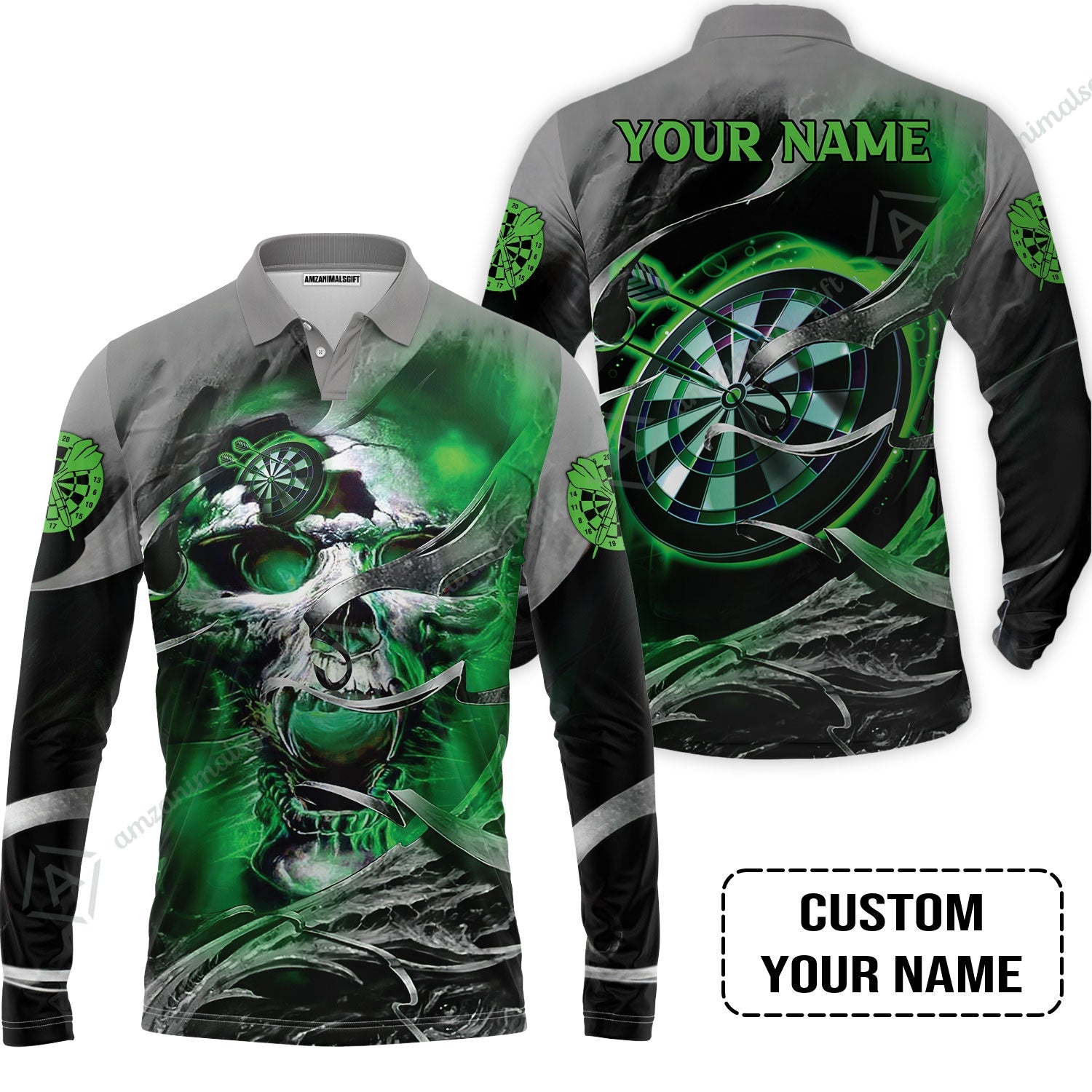 Customized Name Darts Long Polo Shirt, Green Skull Light Dartboard Personalized Long Polo Shirt