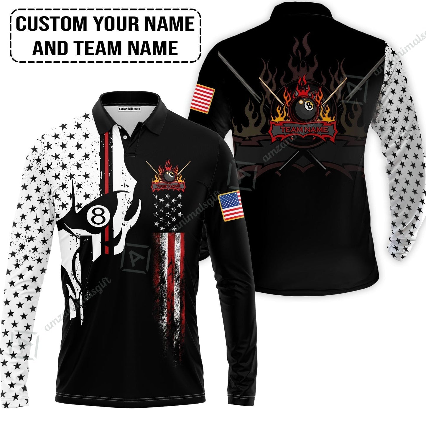 Billiards Custom Hawaiian Shirt- 8-ball Skull Billiards Pool Custom Hawaiian Shirt, Personalized American Flag Billiards Hawaiian Shirt