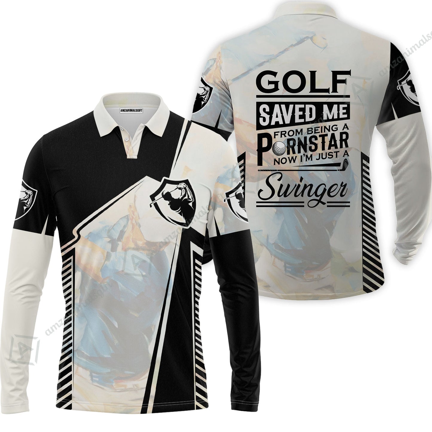 Black And White Men Polo Shirt, Golf Saved Me Golfing Polo Shirt