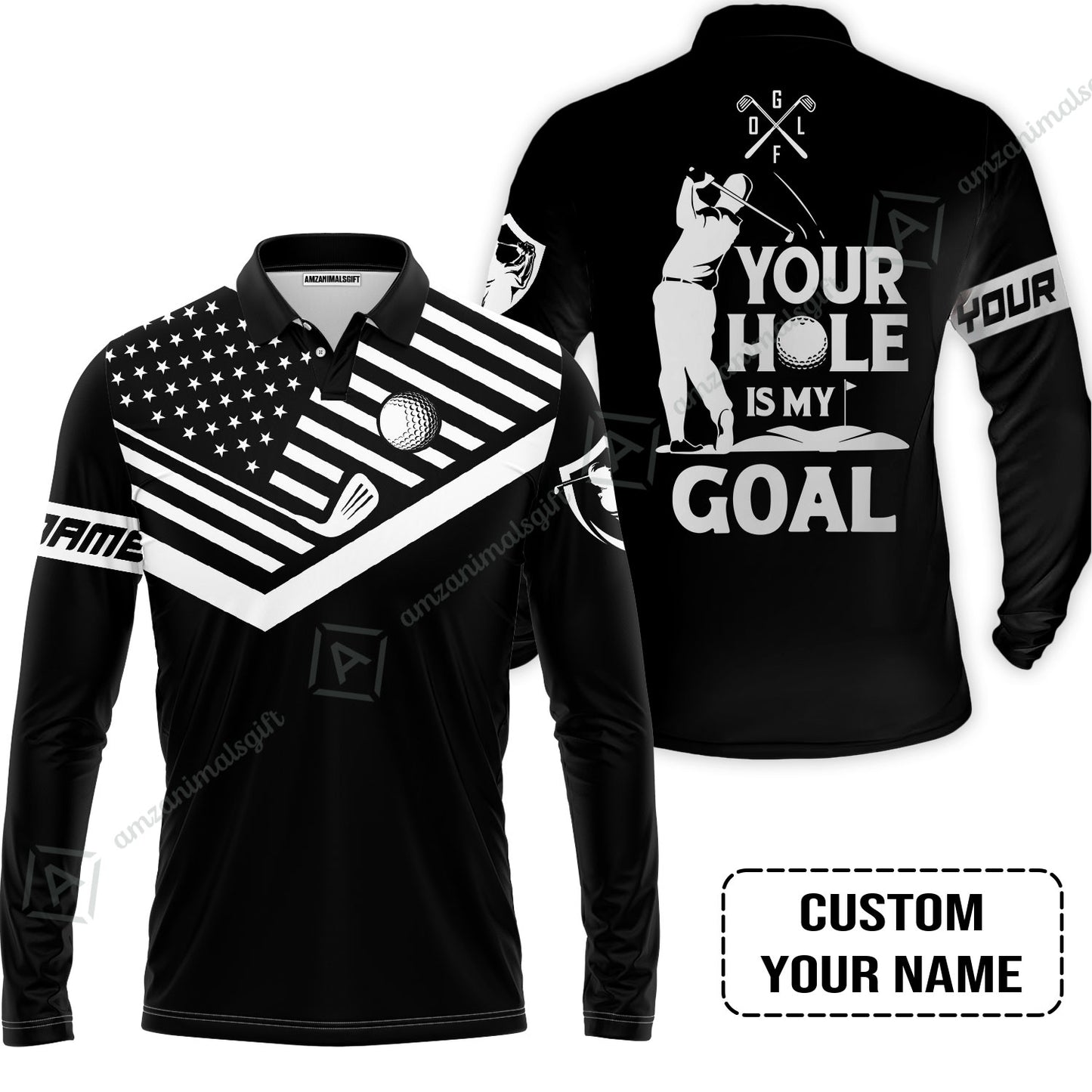 Custom Golf Polo Shirt - Your Hole Is My Goal Custom Name Black American Flag Men Polo Shirt