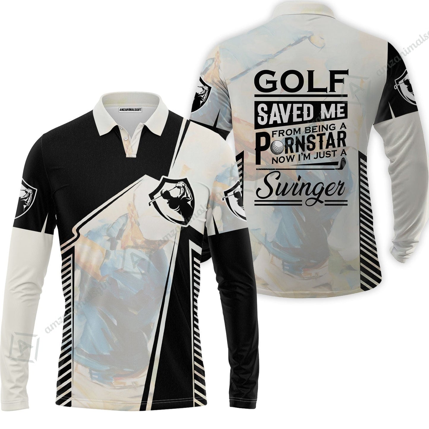 Black And White Zip Polo Shirt, Golf Saved Me Golfing Zip Polo Shirt