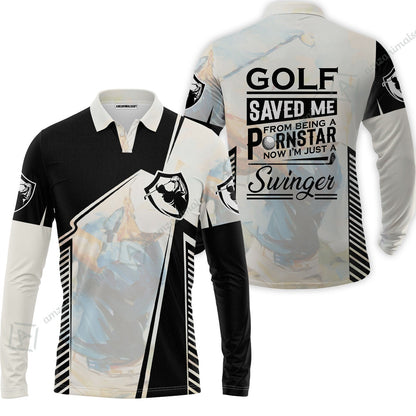 Black And White Zip Polo Shirt, Golf Saved Me Golfing Zip Polo Shirt