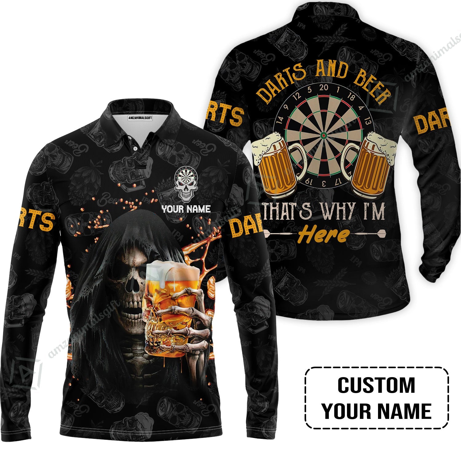 Customized Name Darts Long Polo Shirt, Darts And Beer That's Why I'm Here Personalized Skull And Darts Long Polo Shirt