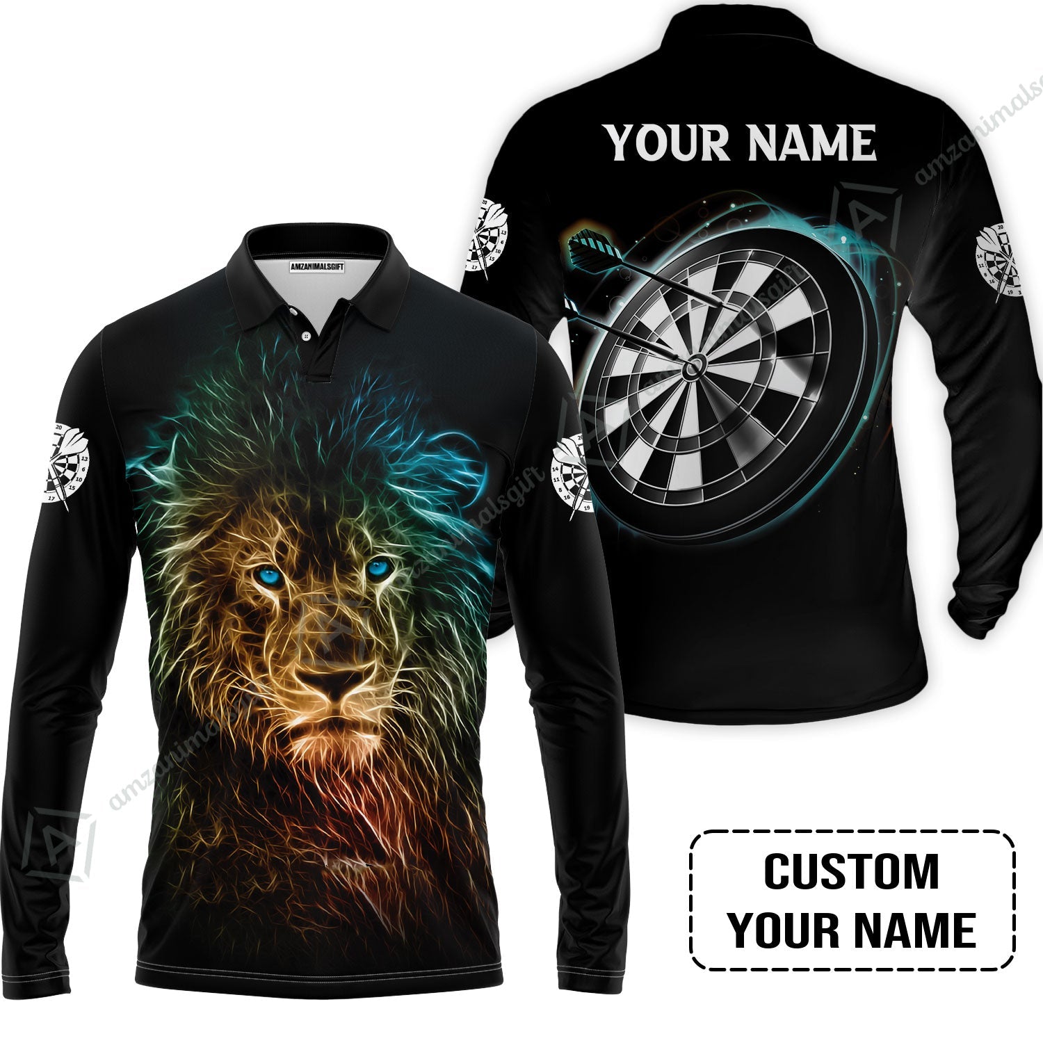 Customized Name Darts Long Polo Shirt, Blue Bullseye Dartboard Personalized Lion And Darts Long Polo Shirt