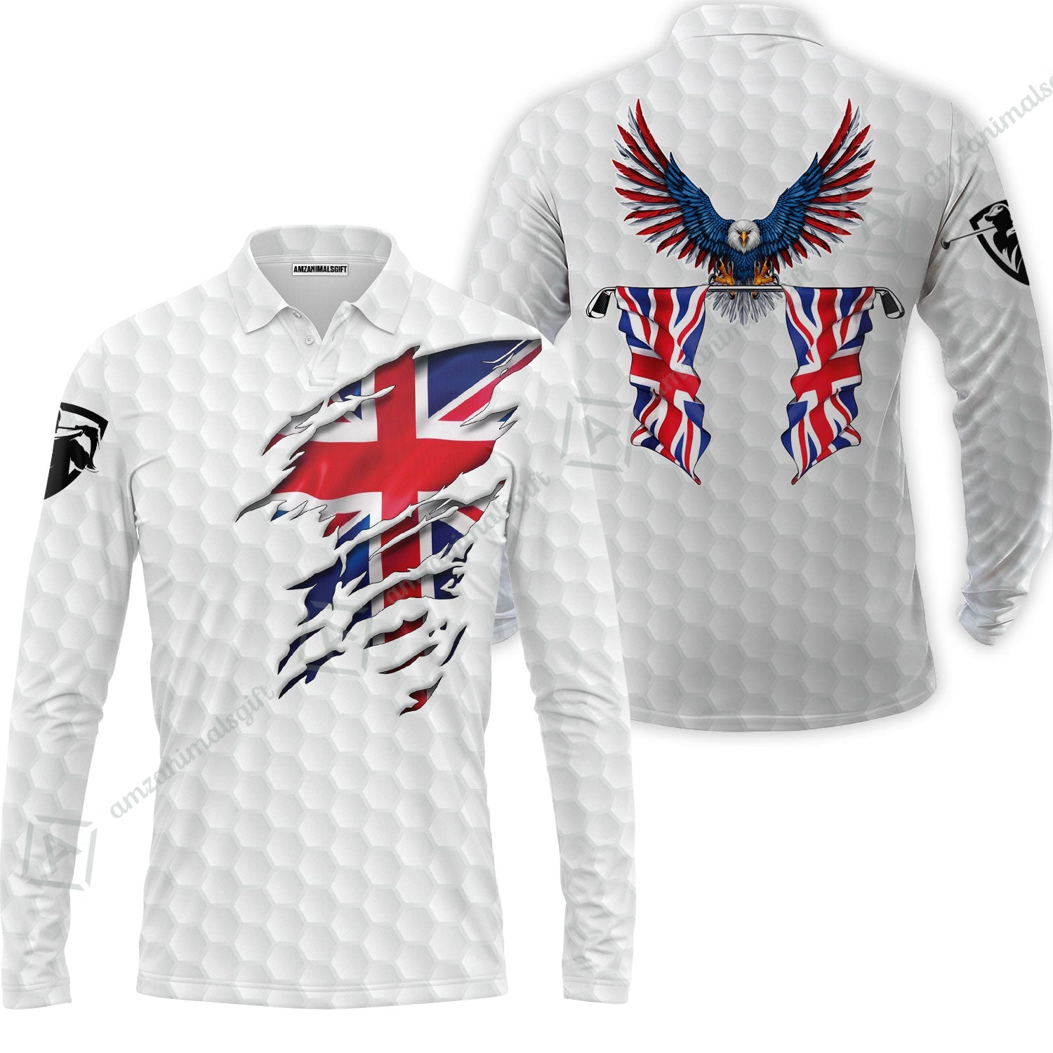 United Kingdom Eagle Flag Long Polo Shirt, Golf Pattern Ripped Great Britain Jack Shirt, UK Golf Long Polo Shirt