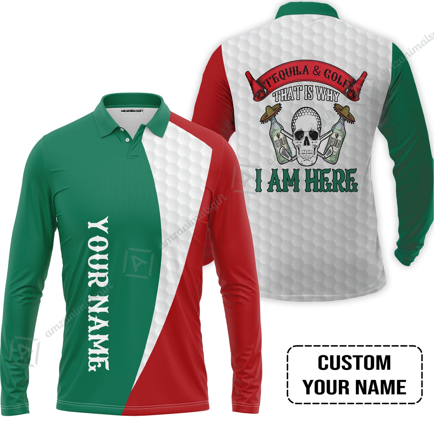 Custom Golf Men Polo Shirt - Golf Men Custom Name Polo Shirt, Tequila & Golf, Skull Golf Custom Polo Shirt - Perfect Polo Shirt For Men, Golfers