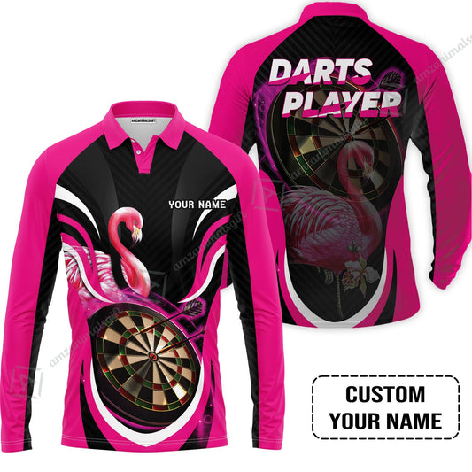 Customized Darts Long Polo Shirt, Flamingo Darts Shirt, Personalized Name Darts Long Polo Shirt