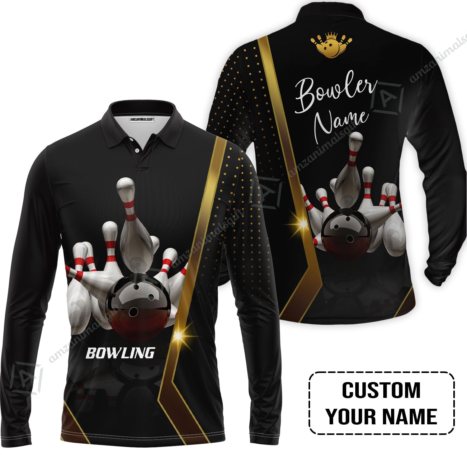 Customized Name Bowling Long Polo Shirt, Bowling Pin and Ball Personalized Bowling Long Polo Shirt