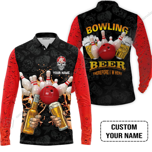 Bowling Long Polo Shirt Custom Name, Bowling and Beer Black Red Therefore I'm Here Personalized Long Polo Shirt