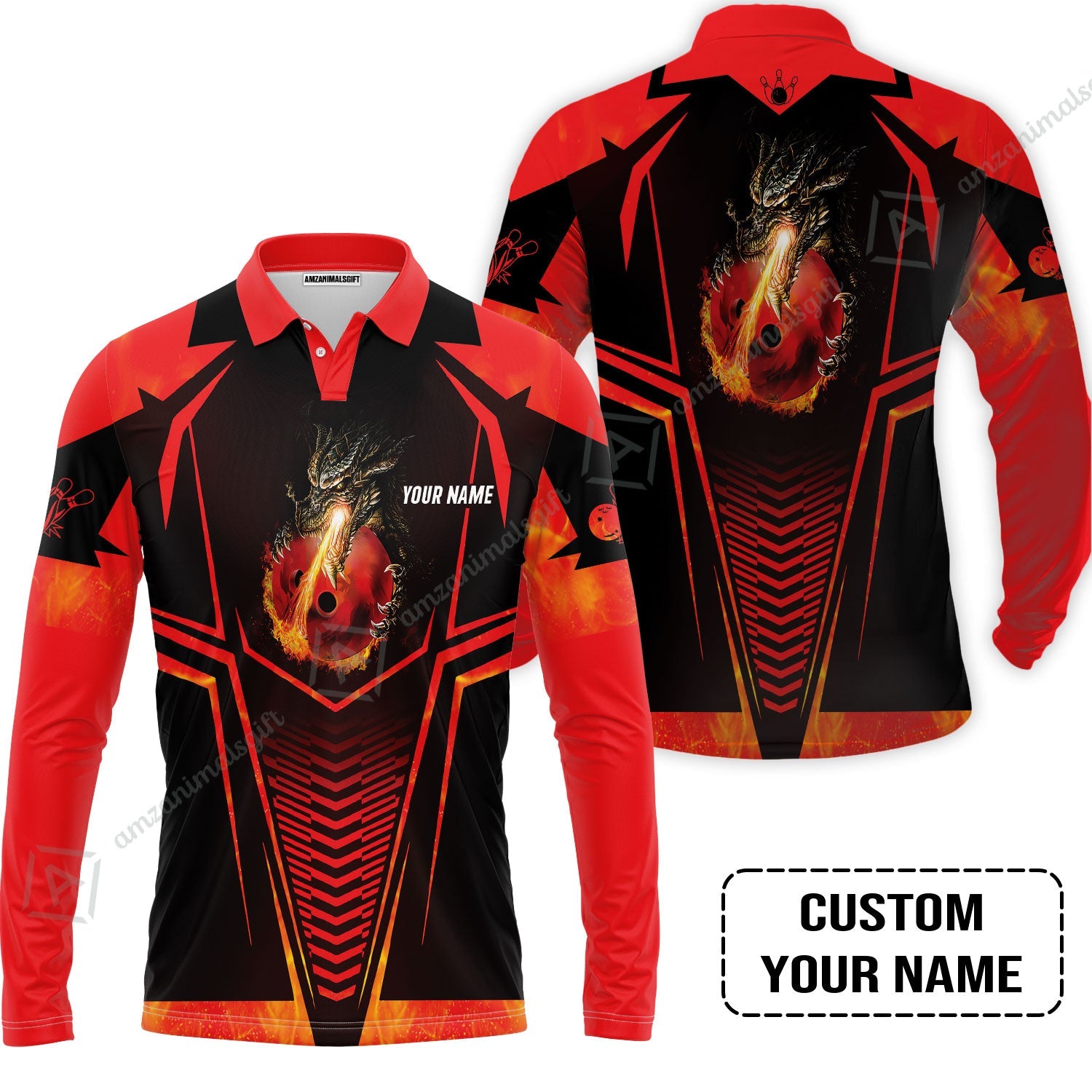 Bowling Custom Long Polo Shirt, Custom Name Dragon Fire Flame Personalized Bowling Long Polo Shirt