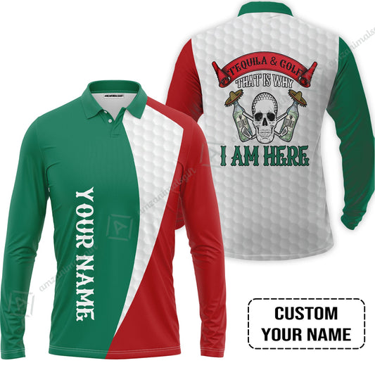 Custom Golf Long Polo Shirt - Golf Men Custom Name Polo Shirt, Tequila & Golf, Skull Golf Custom Long Polo Shirt