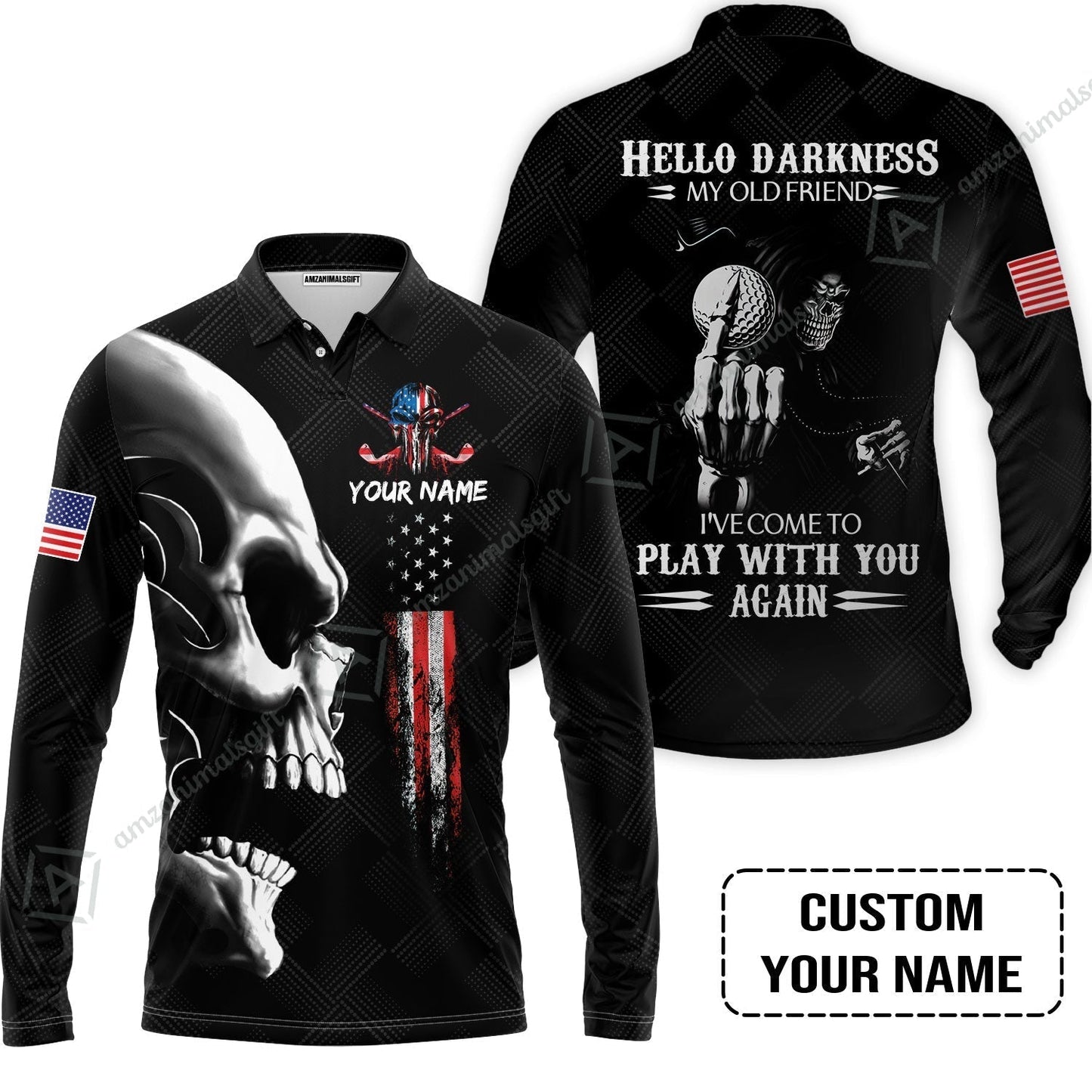 Personalized Golf T-Shirt - Custom Name Skull Shirt, Golf American Flag Hello Darkness My Old Friend T-Shirt