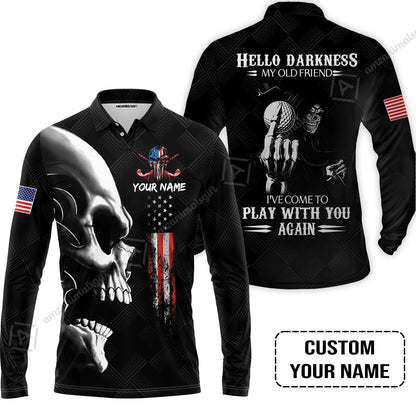 Personalized Golf T-Shirt - Custom Name Skull Shirt, Golf American Flag Hello Darkness My Old Friend T-Shirt