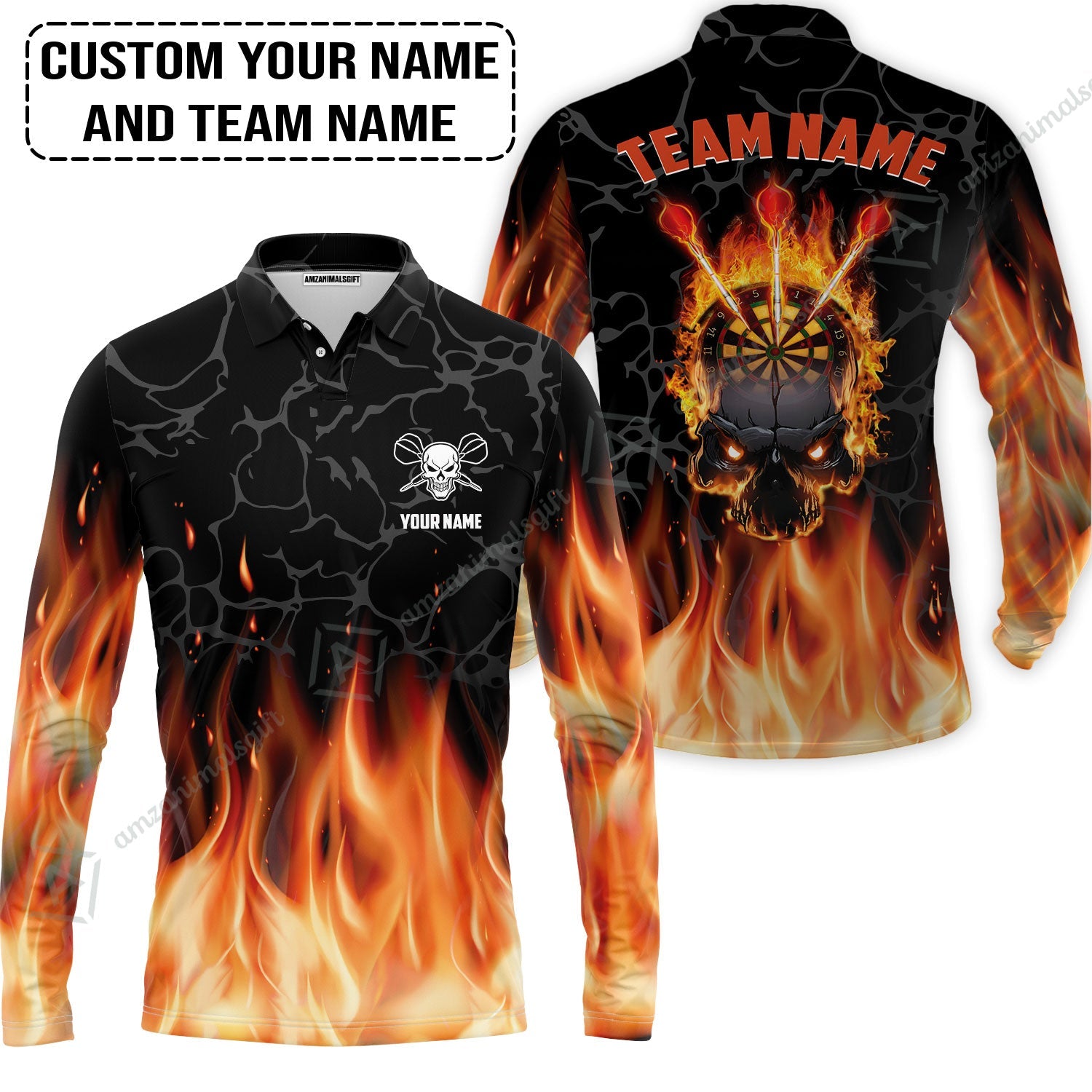 Personalized Darts Long Polo Shirt - Custom Name & Team Name Orange Flame Skull Darts Long Polo Shirt