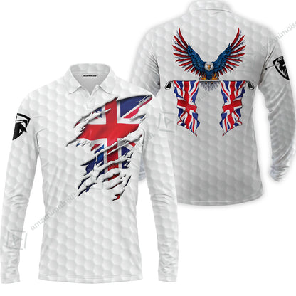 United Kingdom Eagle Flag Polo Shirt, Golf Pattern Ripped Great Britain Jack Polo Shirt, UK Golf Polo Shirt