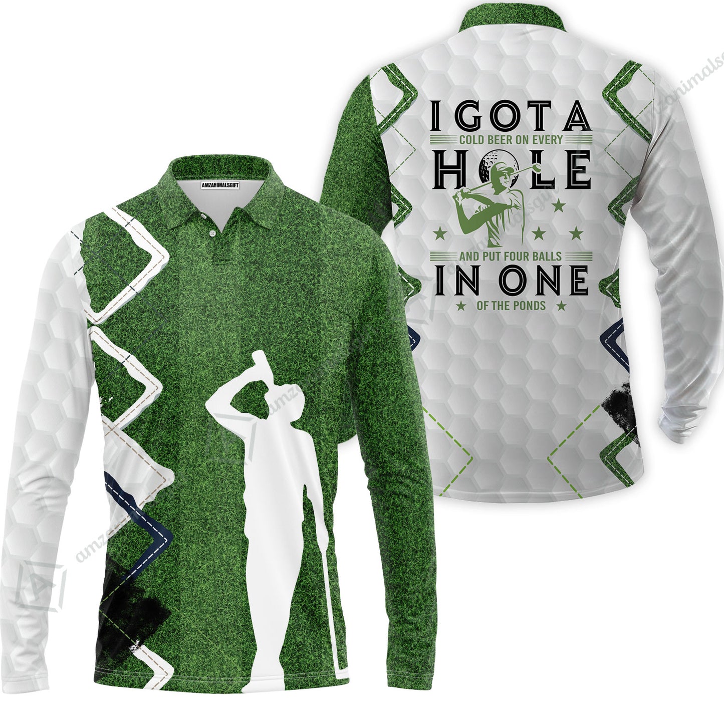 Men Golf Polo Shirt - Green Argyle Golf Men Polo Shirt, I Got A Cold Beer On Every Hole In One Men Golf Polo Shirt