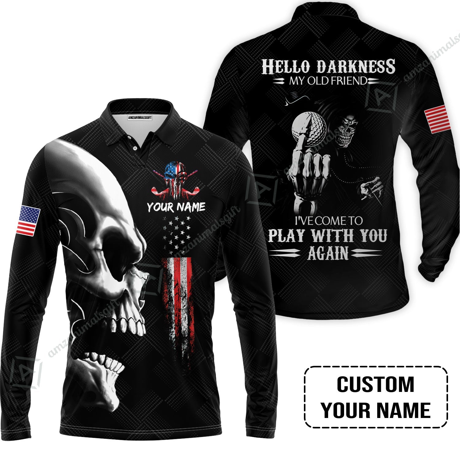 Personalized Golf Long Polo Shirt - Custom Name Skull Shirt, Golf American Flag Hello Darkness My Old Friend Long Polo Shirt