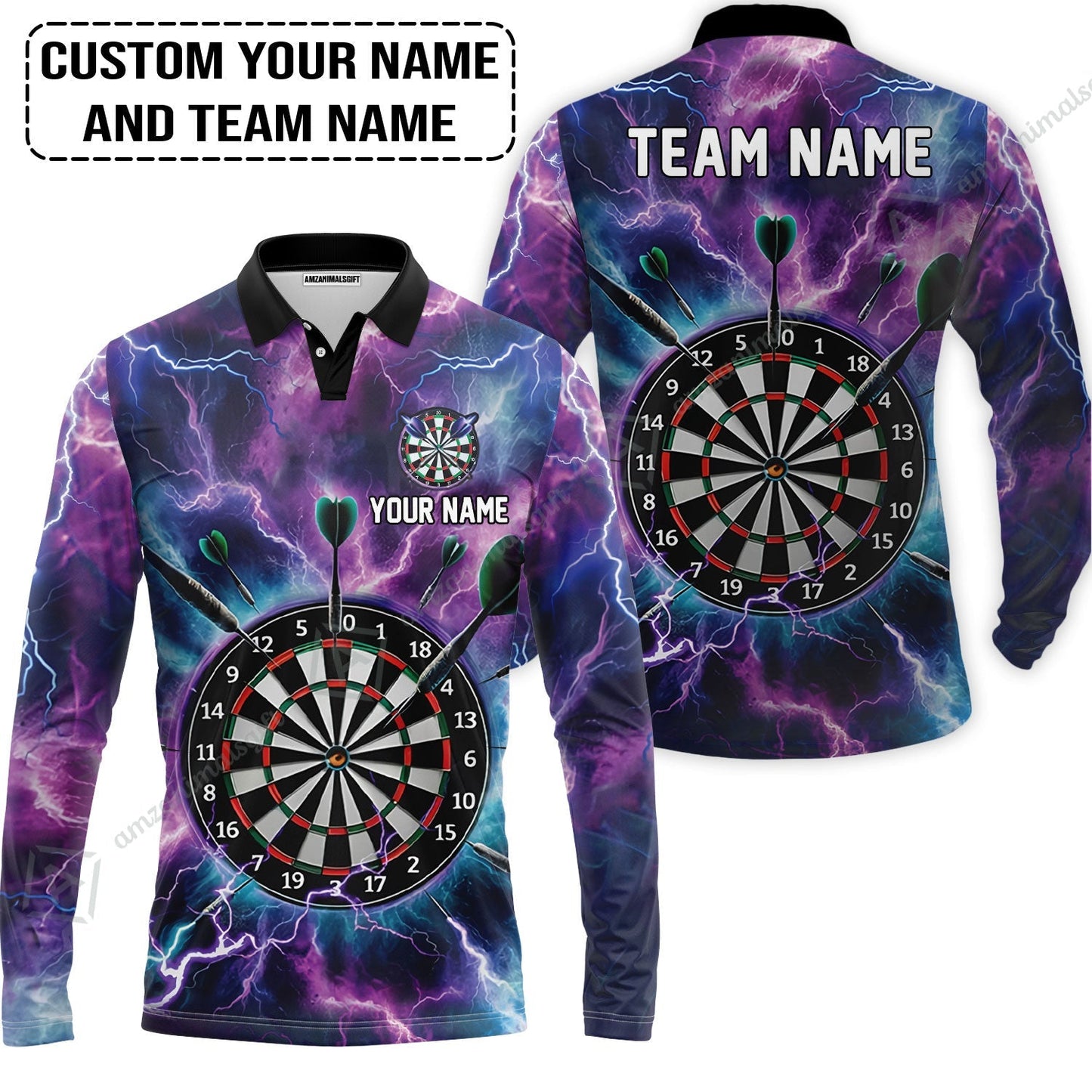 Personalized Darts Zip Polo Shirt - Custom Name & Team Name Purple Thunder Lightning Zip Polo Shirt