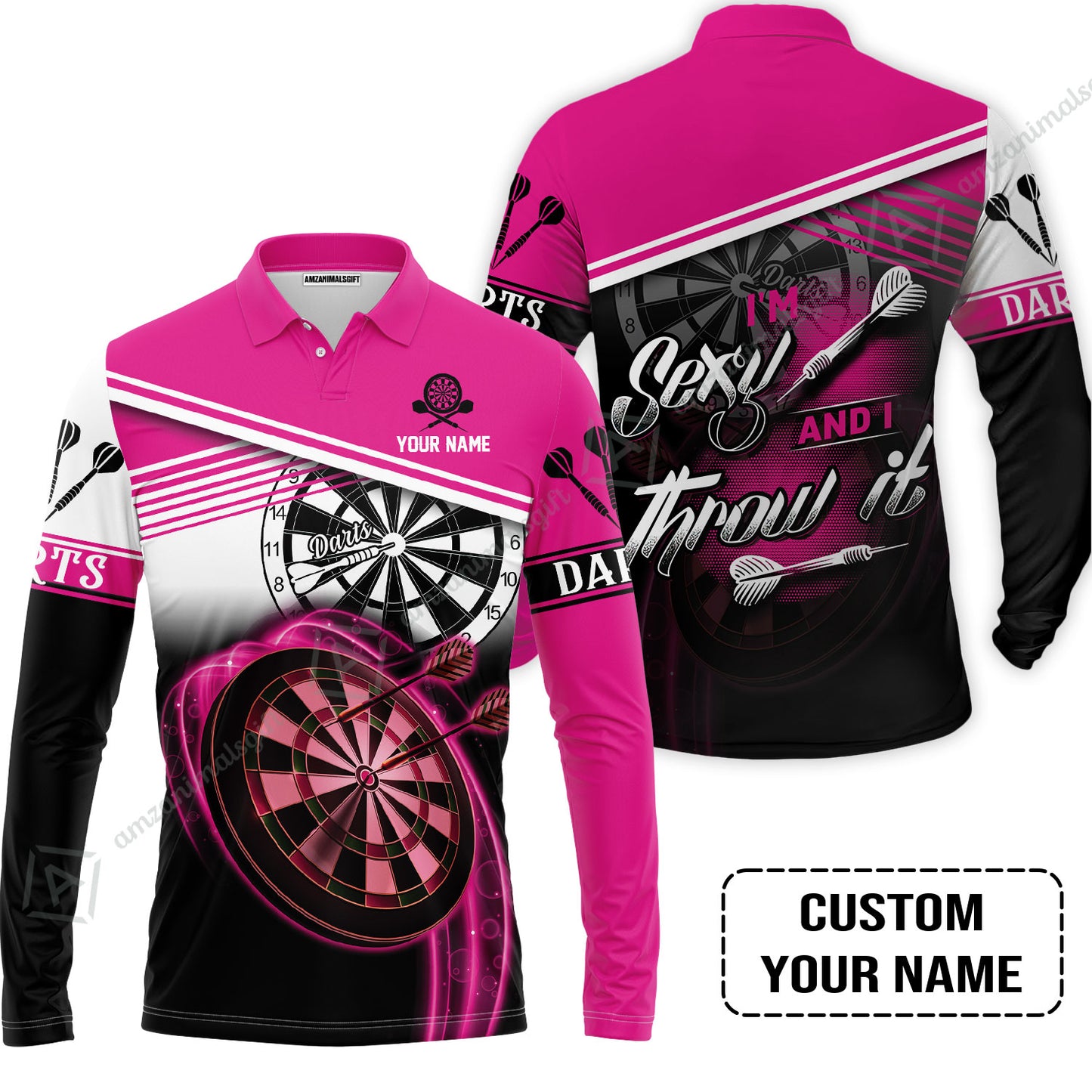 Personalized Darts Long Polo Shirt, Darts Pink Color Custom Name Shirt I'm Sexy And I Throw It, Outfits For Darts Players, Darts Team
